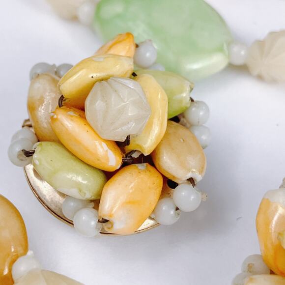 VTG Mid Century Necklace & Clip Earrings Set Beaded Pastel Stamped Hong Kong - Picture 4 of 12